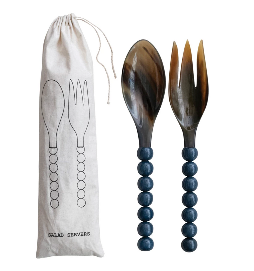 Blue Natural Horn Salad Servers with Resin Handles